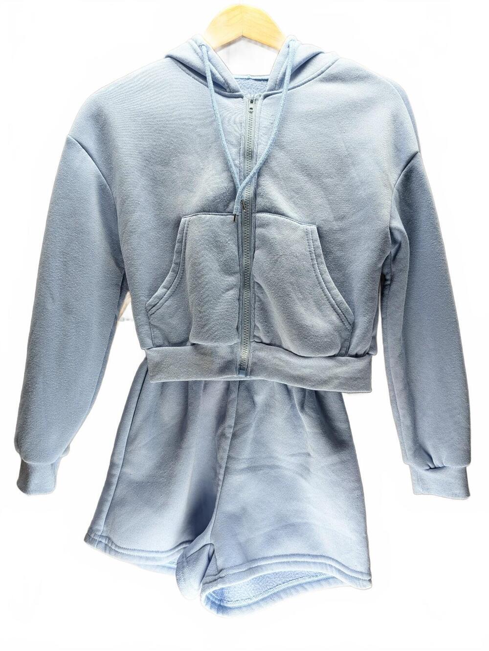 SHEIN Women's Light Blue Cropped Zip-Up Hoodie and Shorts